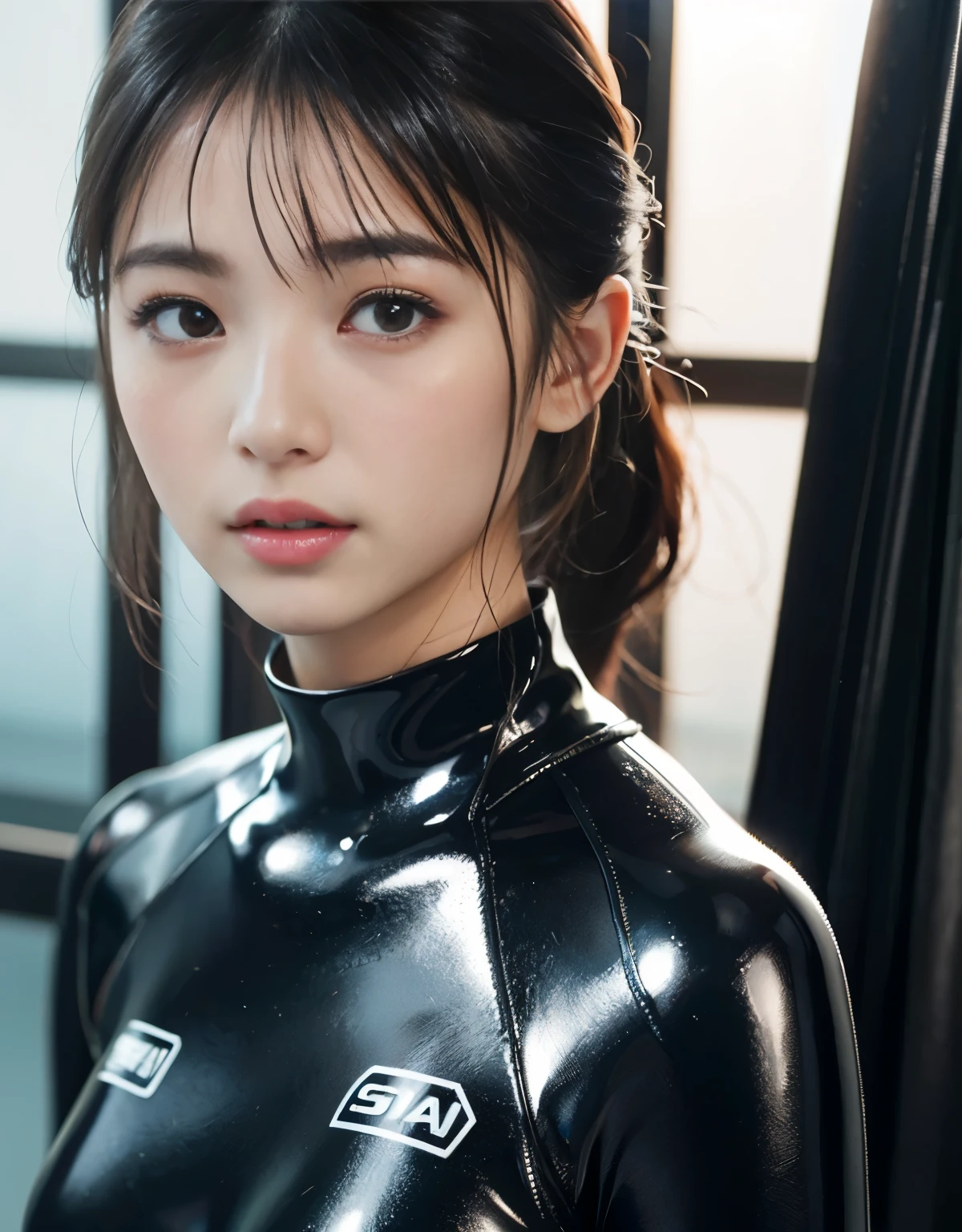 (1 girl)、highest quality、masterpiece、超A high resolution、(Photoreal:1.4)、Raw photo、1 girl、wet hair、Sweat、(Wearing a skin-tight wetsuit made from ultra-glossy rubber)、female scuba diver、long sleeve,、rubber diving gloves、Portrait、Shadow、octane rendering、8K、super sharp、Metal、intricate decorative details、Details on board、very intricate details、realistic light、(mysterious look)、shining eyes、towards the camera、Small LED、Close-up