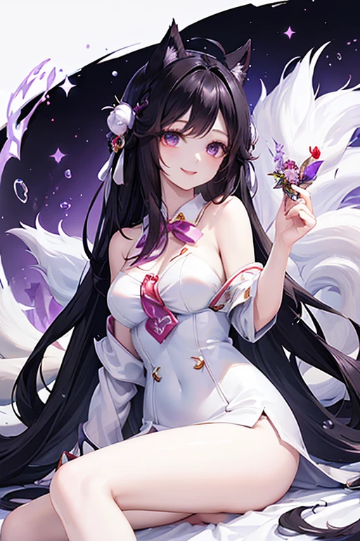 (((Black hair))), long hair, purple eyes, beautiful body, masterpiece, smile, ahri ahri \(league of legends\) k/da \(league of legends\) spirit blossom \(league of legends\)
