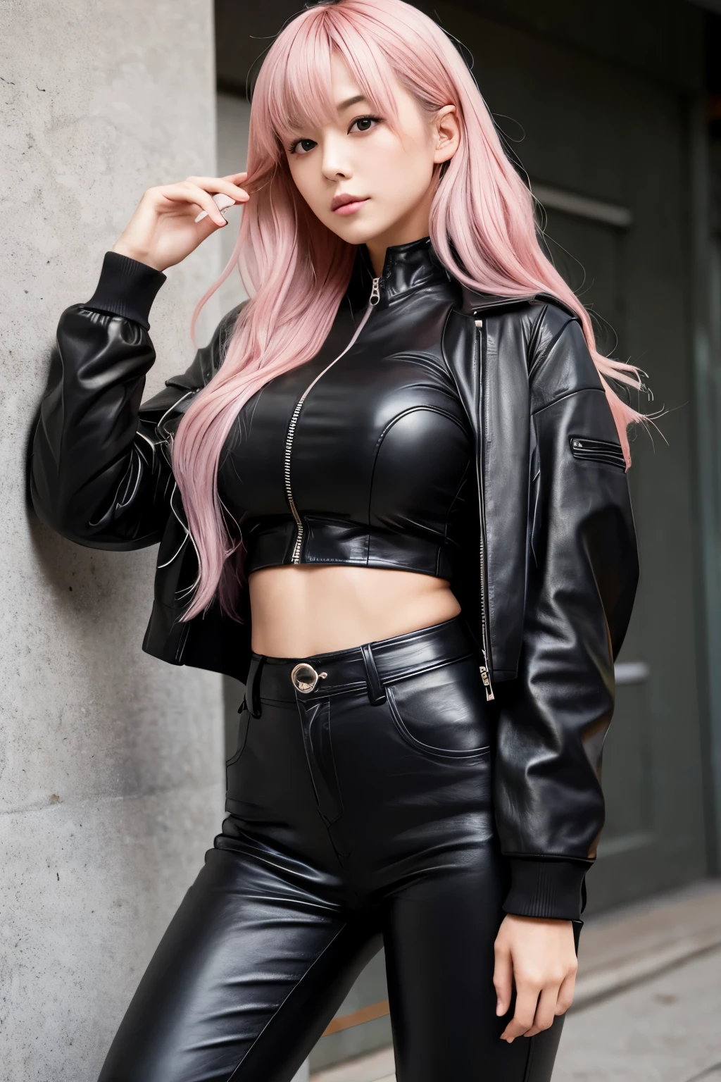 Japanese 20age woman, full body, very very huge breasts, breasts bulged on leather double riders jacket, hair color is pink, long wave hair, black leather double riders jacket, {{{closing zipper of the black leather jacket,}}} black leather flared pants, leather long boots, full leather, leather bulge breasts