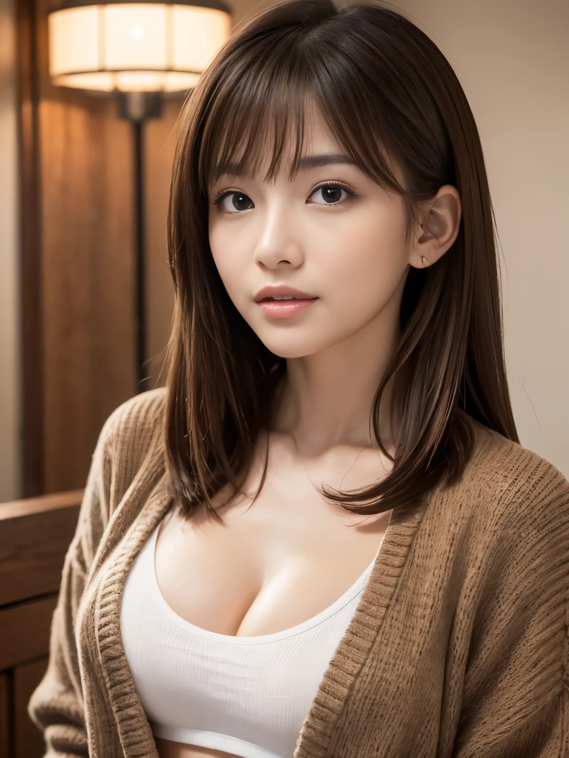 (Best quality, 8k, Masterpiece :1.3), 1girl, Pretty woman with emphasizing slender abs :1.3, messy hair, asymmetrical bangs, brown hair, Huge breasts :1.2, Casual outfit :1.2, Indoor, Ultra-detailed face, (actress), (Japanese idol)