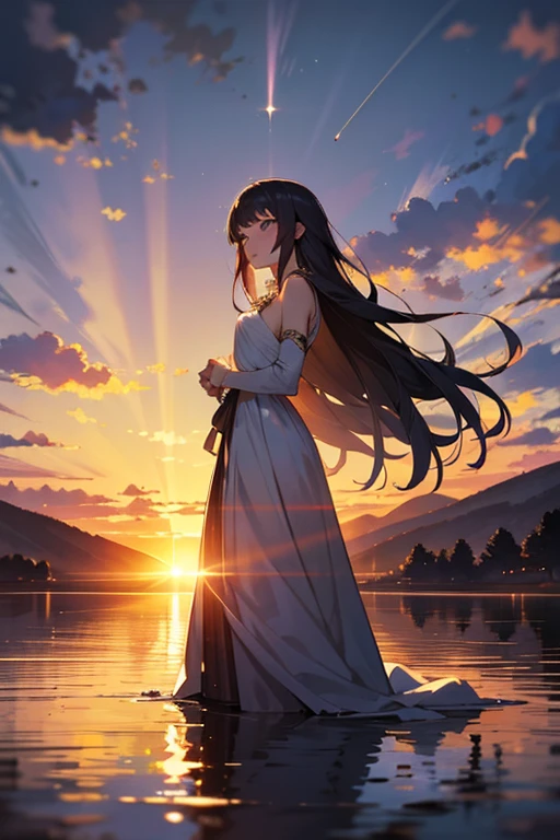 1 girl, calm expression, enchanting eyes, straight long hair, flowing dress, calm posture, porcelain skin, subtle blush, Crystal pendant BREAK golden hour, (rim lighting):1.2, warm tones, solar flare, soft shadow, Bright colors, painterly effect, Dreamy atmosphere BREAK Beautiful lake, distant mountain々, willow tree, calm water, reflection, clouds illuminated by the sun, peaceful atmosphere, peaceful sunset, super detailed, official art, unity 8k wallpaper , tangled, mandala