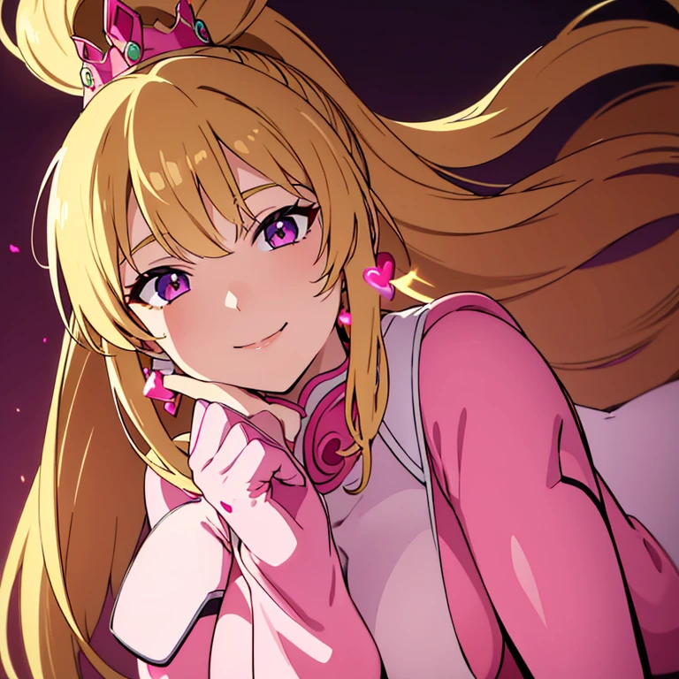 (masterpiece), (perfect hands), best quality, expressive eyes, perfect face, woman with long blonde hair in high ponytail bangs to side, wearing pink bodysuit, pink heart earrings and pink crown on head, dynamic pose, sexy pose, smiling, headshot