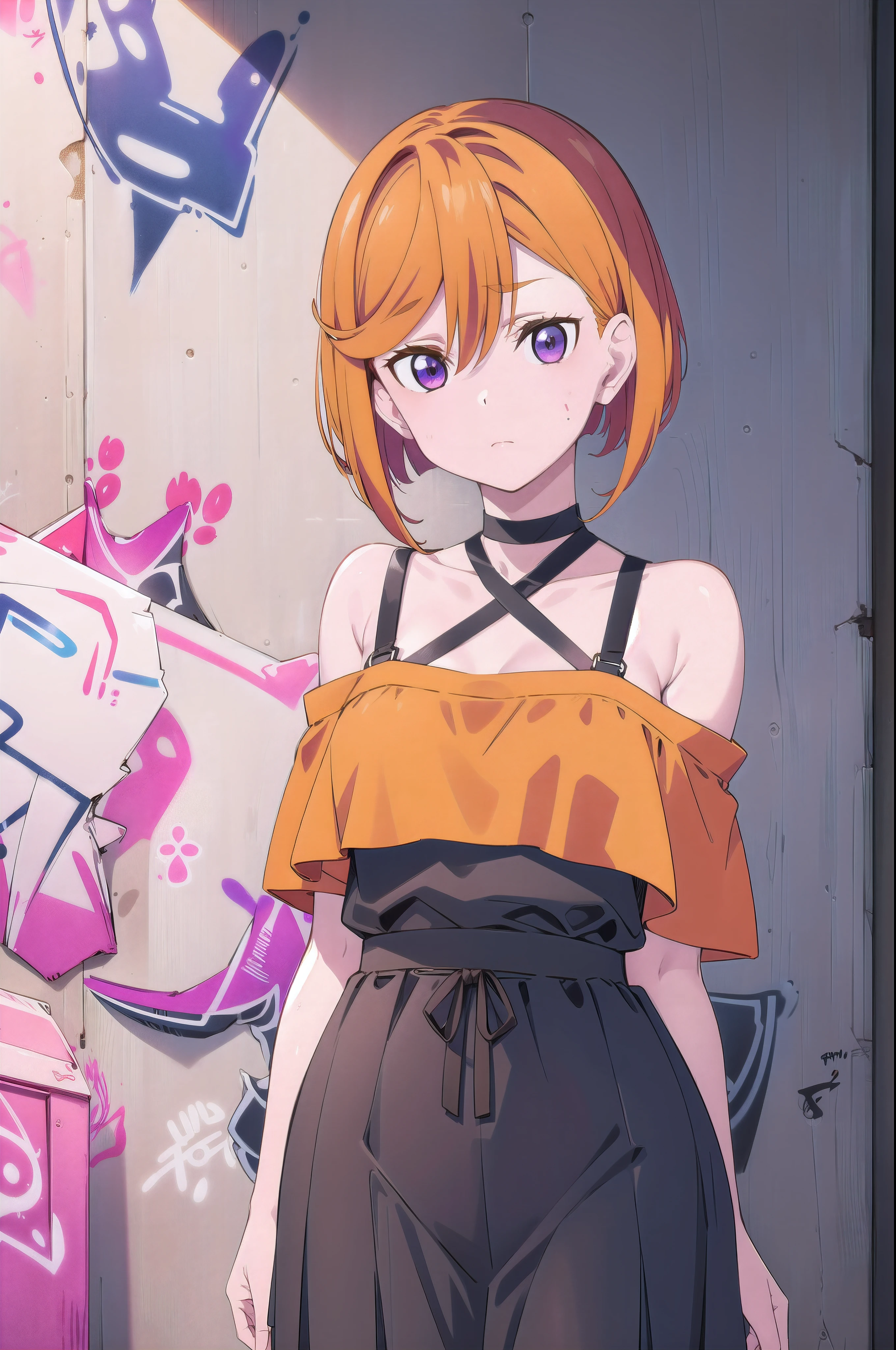 masterpiece, best quality, 1girl, solo, yuigaoka, vibrant Orange hair, bobhair, short-hair, upper body, short bob hair, (((bobcut))), ((haircut:1.3)), (sliced_bob), undercut, bobbed hair, minibob, sidecut, buzz haircut, sidecut, side of head shaved, purple eyes, ((Shave his hair)), graduation bob, straight short hair, Hair in ears, elegant braid, soft bangs, alluring choker, (graffiti:1.5), artistic paint splatter, seductive arms behind back, leaning against wall, exposed back, looking at viewer, fashionable armband, urban hiphop style, flirty skirt, playful head tilt, intense expression, warm orange, dynamic asymmetrical design, bold geometric shapes, creative street art