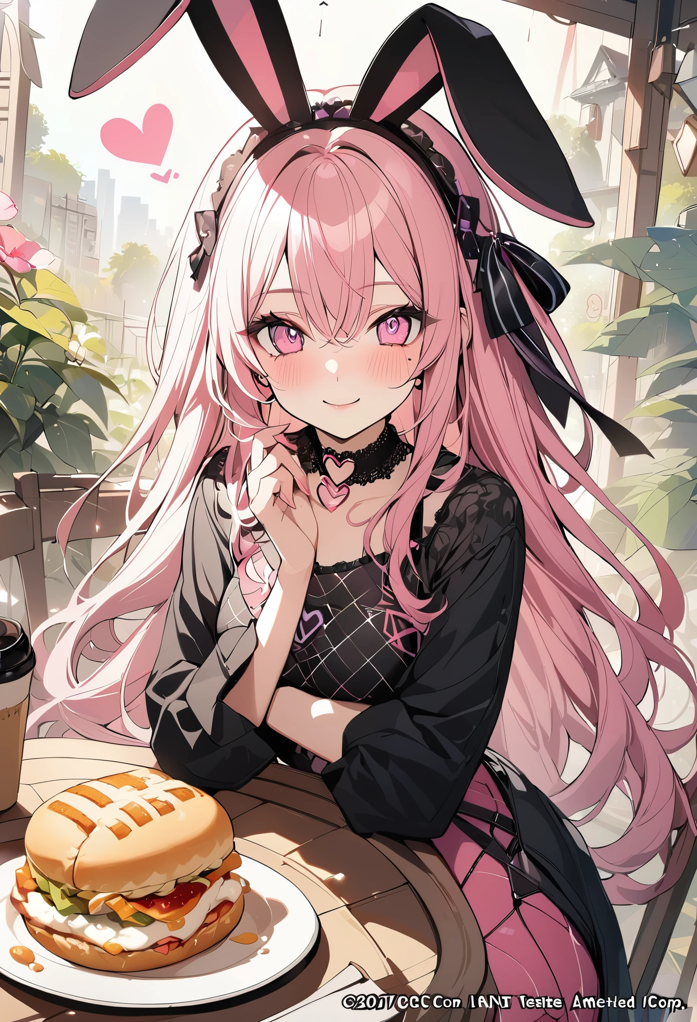 1 girl, pink long hair, heart shaped eyes,rabbit ears, {Pink semi-long hairの女の子、 The name Nami}, (Pink eye color), {breakfast、fried egg、sandwich、coffee}, (smile), bright background , mole under eye, heart shaped choker, (masterpiece, highest quality), very detailed, highest quality, official art, beautiful and aesthetic: 1.2), (1 girl), very detailed, (geometry art: 1.3), colorful, most detailed ?d1 girl, Pink semi-long hair, Eye of the symbol, +__+, gothic costume, {A girl with long pink bun hair The name Nami}, (Pink eye color), {breakfast、fried egg、sandwich、coffee}, (smile), bright background, (garden,beautiful flower々),mole under eye, heart shaped choker, (masterpiece, highest quality), official art, beautiful and aesthetic: 1.2), (1 girl), very detailed, (geometry art: 1.3), colorful