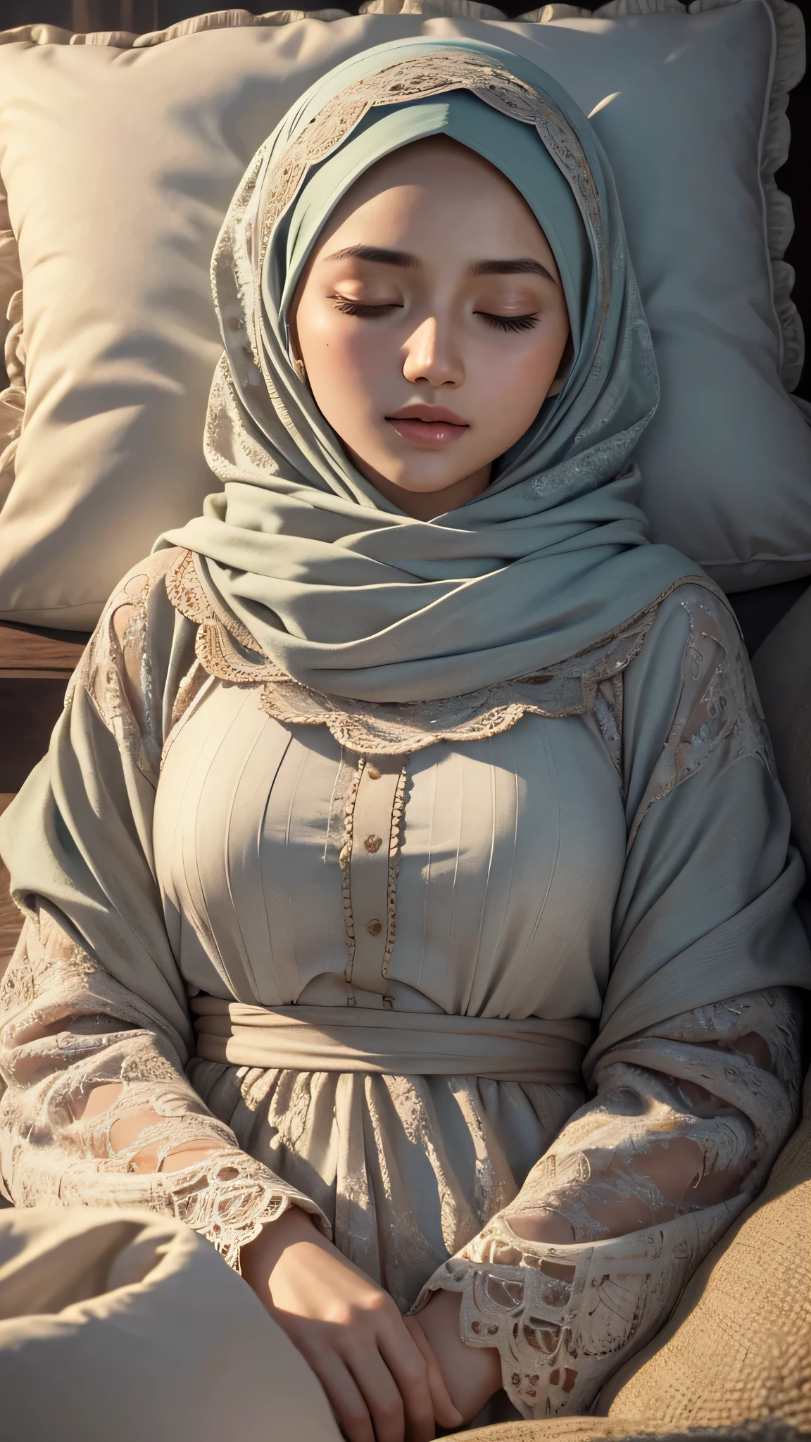 (RAW style, masterpiece, best quality, ultra-detailed) closed-up view , a sleeping beautiful hijab woman ((closed eyes)) laying head in pillow , exquisite image boasts an ultra-realistic and ultra-detailed representation, with intricate details that capture the depth and nuance of every feature. The depth of field is expertly rendered, adding a sense of dimension and texture to the scene. Octane renders bring out the ultra-definition in the (skin texture, film grain), imbuing the image with a cinematic feel that is further enhanced by the cinematic light, which bathes the girl's face in sidelighting. The ultra high