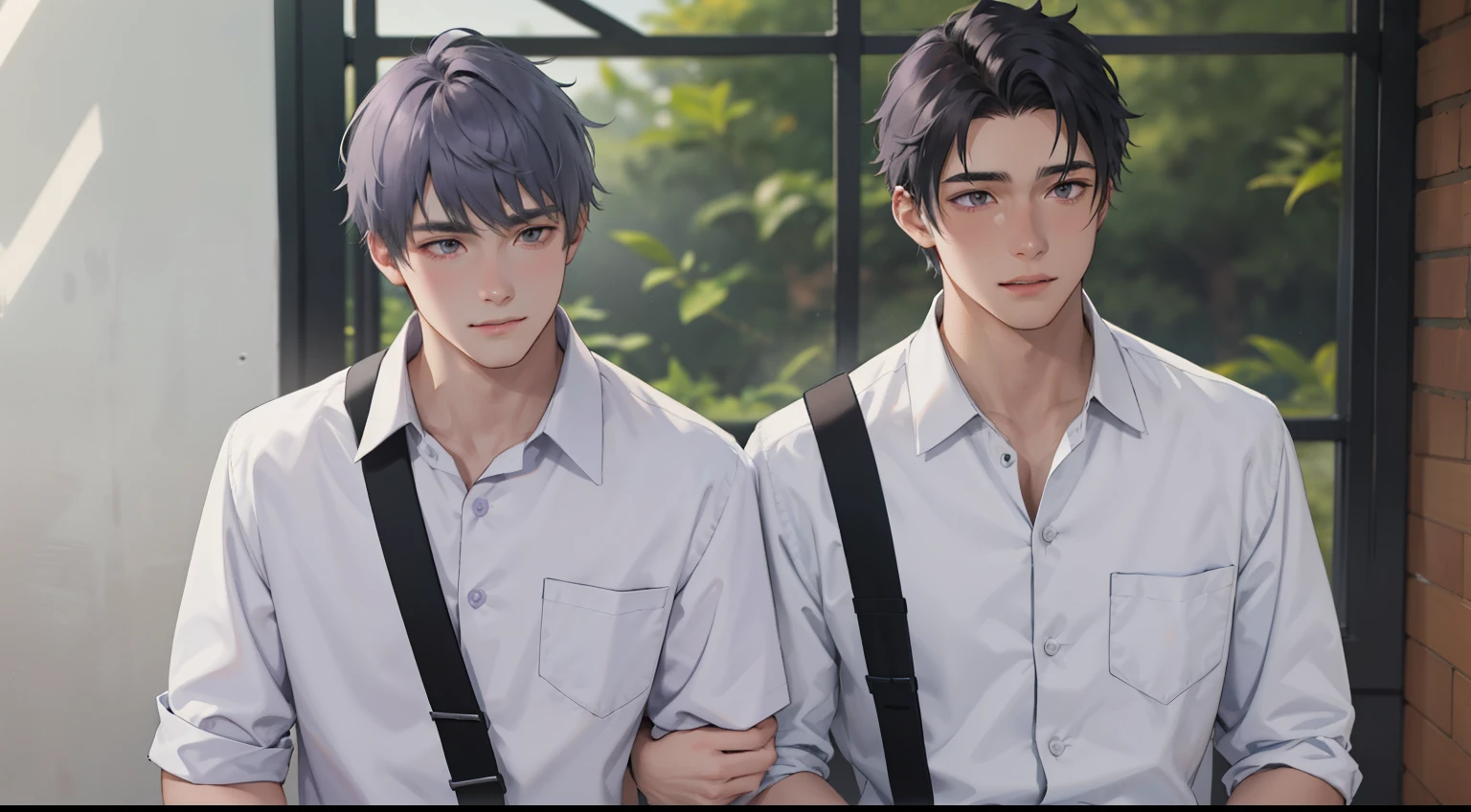 two 16 year old boys with gray and violet hair