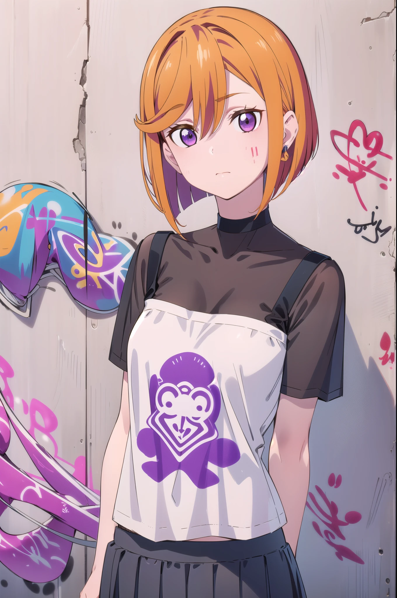 masterpiece, best quality, 1girl, solo, yuigaoka, vibrant Orange hair, bobhair, short-hair, upper body, short bob hair, (((bobcut))), ((haircut:1.3)), (sliced_bob), undercut, bobbed hair, minibob, sidecut, buzz haircut, sidecut, side of head shaved, purple eyes, ((Shave his hair)), graduation bob, straight short hair, Hair in ears, elegant braid, soft bangs, alluring choker, (graffiti:1.5), artistic paint splatter, seductive arms behind back, leaning against wall, exposed back, looking at viewer, fashionable armband, urban hiphop style, flirty skirt, playful head tilt, intense expression, warm orange, dynamic asymmetrical design, bold geometric shapes, creative street art