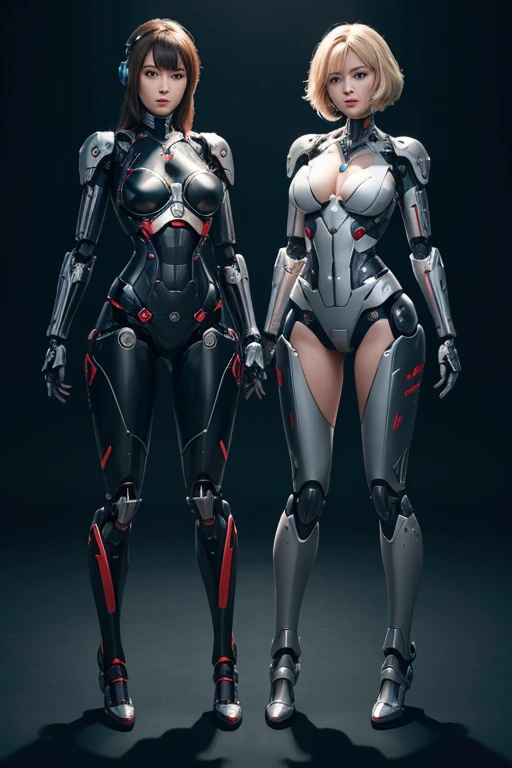 Two female robots showing their bodies to each other,
full body shot,
everyone is standing,
perfect face,
The head remains human,
Machine exposed chest,
Both chests are cannons,
Mechanical genitalia,
Futanari,
genitals become machine guns,
mechanical limbs,
Mechanical exposed torso,
laughter,
retina,
Accurate,
anatomically correct,
rough skin,
Super detailed, advanced details, high quality, 最high quality, High resolution