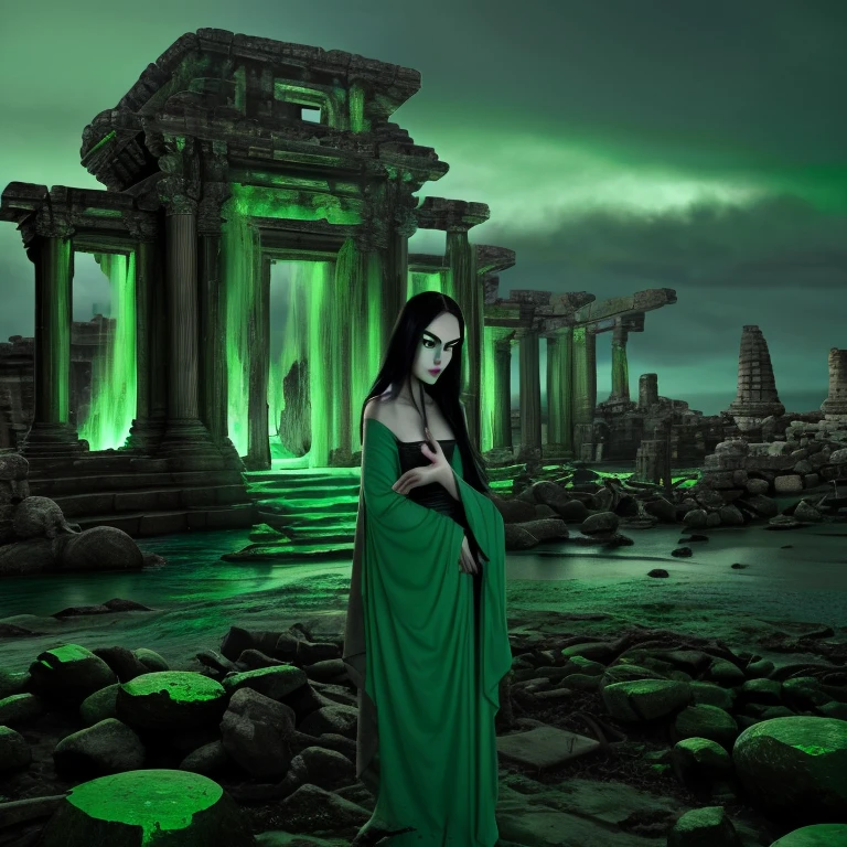 Ancient destroy temple near by ocean, Beutifull Rassian princess ,round face shape very long black hair , ,eye glowing, ocean green color clothes,   ,darkness, cinematic shot realistic realism HDR 8K high quality high production value close up shot realistic 