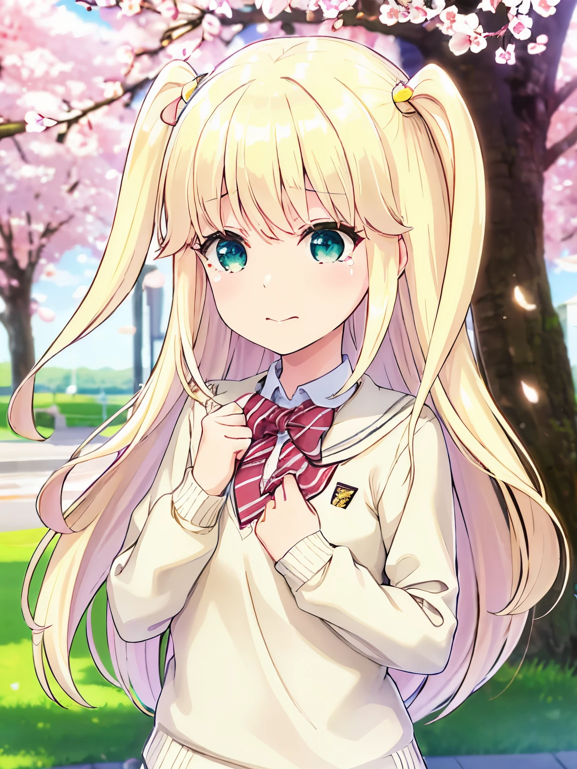 s○l○, 1 girl, highest quality, very detailed, (masterpiece), (illustration), school, outdoor, upper body, face, face focus, from front, , long sleeves, blonde hair, long hair, green eyes, Close ~ eyes,open your mouth,two side up, eyebrows visible through hair, shine, bangs, shine, Lens flare, flat chest, Crying, cherry blossoms,(has a black cylinder)