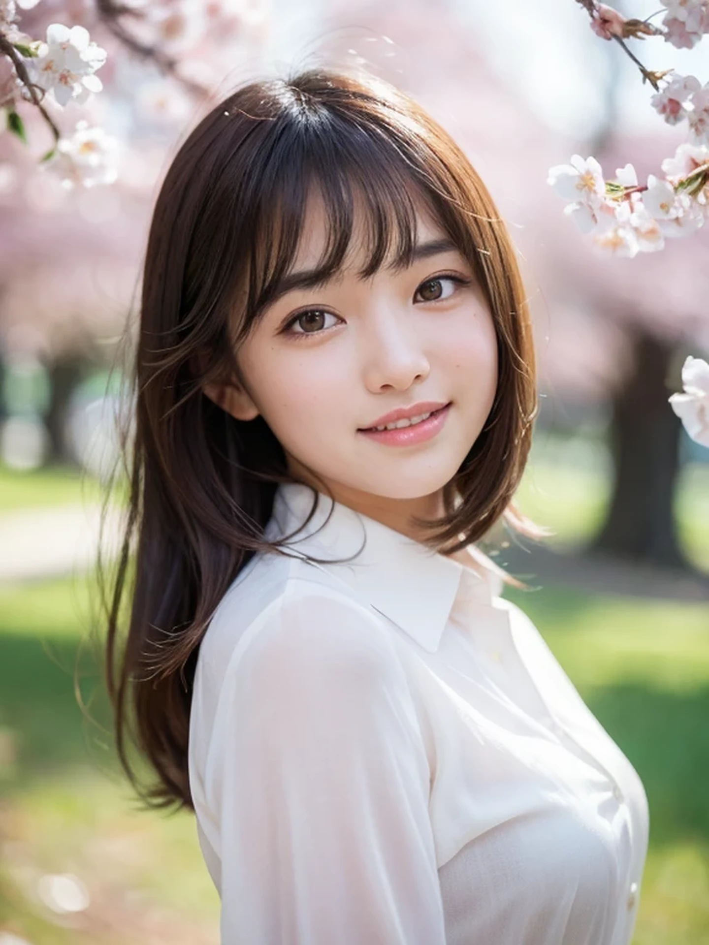 masterpiece, Best Quality, Raw photo, 8K, ultra-detailed face, 1girl, Beautiful detailed skin, backlight, soft light, bashful, (shoot from front:1.2), smile, Luminescent, Anatomically correct, Medium hair swaying in the wind, bangs, Eyes and faces with detailed, Textured skin, Professional Photography, Bokeh, Portrait, Professional Lighting, Solo, Cute, Girly, Film grain, silk dress shirt, cherry blossoms