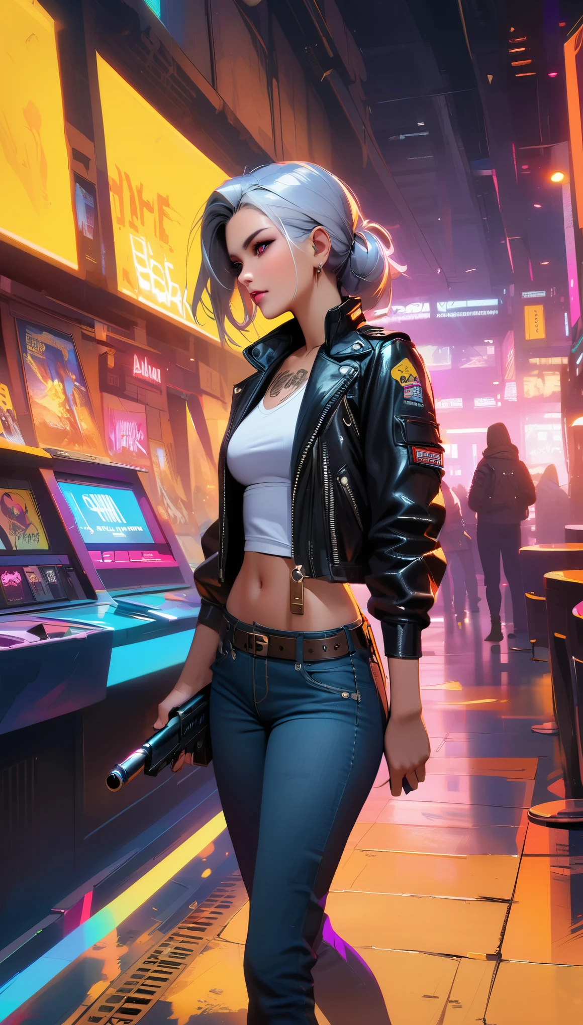 Cyberpunk 2020, Cyberpunk, young Rogue Amendiares from Cyberpunk, Perfect Face, Perfect body, leather jacket, white tank top , jeans, punks hairstyle, silver hair color,  dark makeup, tattoos, hold big gun in hand, stands back and looks over her shoulder at the viewerthe legend ,Afterlife bar Interior, INK, Splash Art, Sharp Focus, Smoke, Sparks, Painting Concept ART of Detailed Character, 4K, comic style