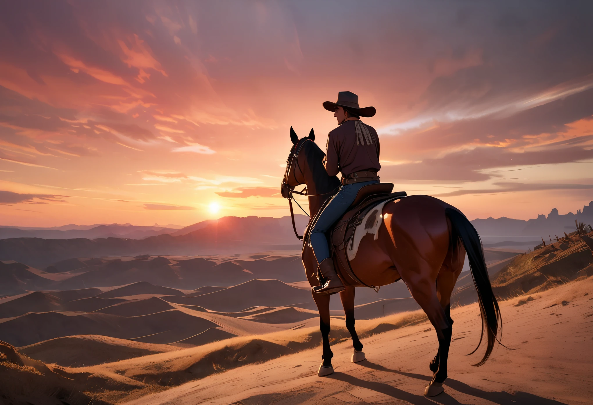 realistic, wild west,  1860s, (back to the viewer),  old cowboy riding his horse towards the setting sun, red setting sun, wild prairie, photo from behind, clear outlines, strong shadows, lots of details, 8k,