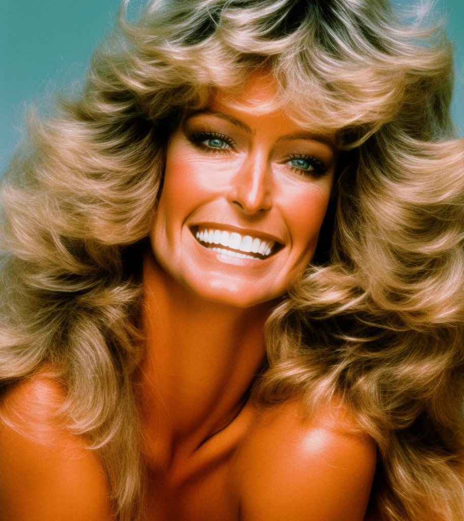 portrait Farrah Fawcett, photo, analog style, 4k, 8k, warm tones, sidelighting, professional photography, diffuse light 