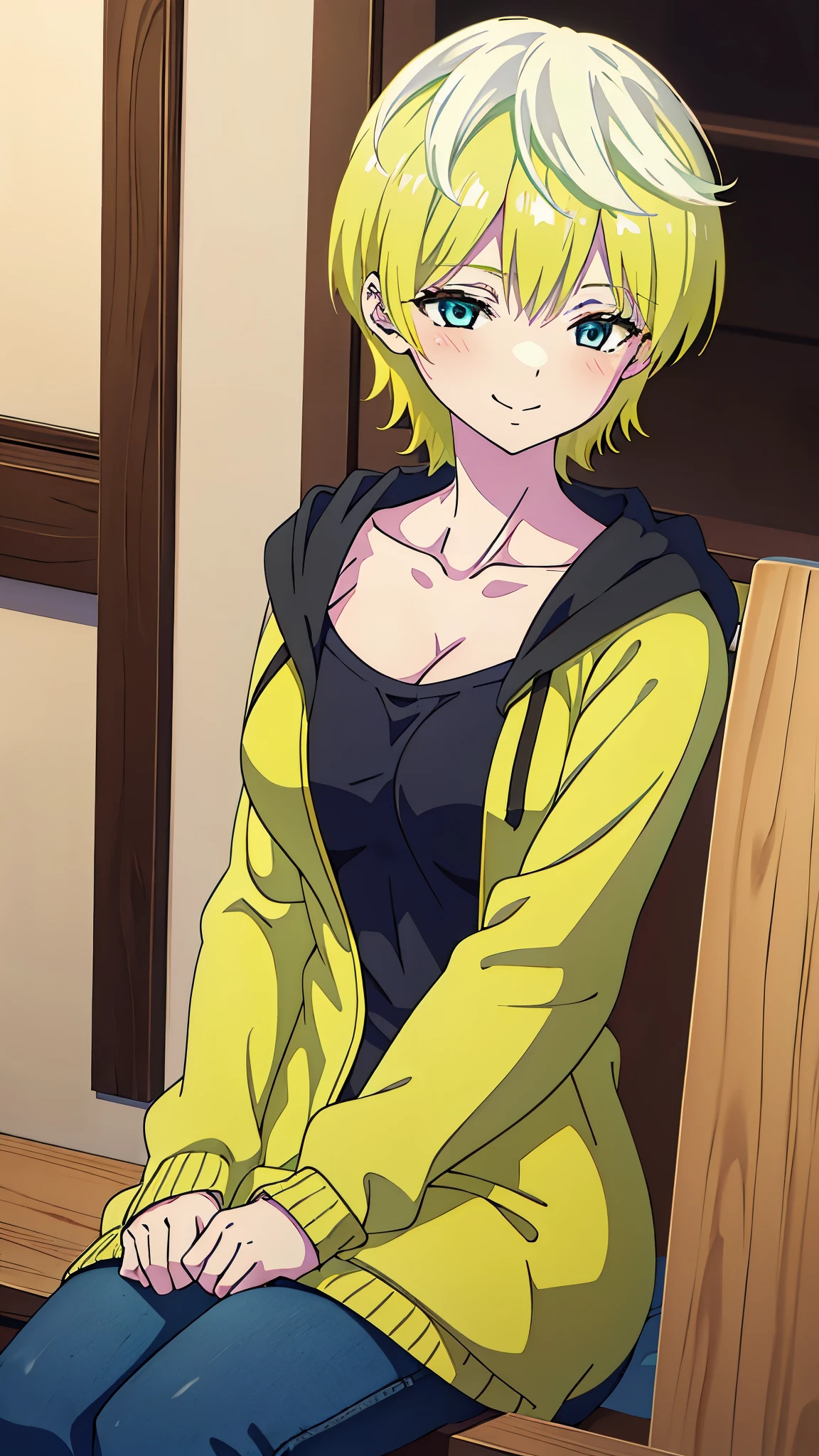 masterpiece, highres, solo, 8k, detailed, perfect face, best quality, (ultra high quality), looking viewers, armpit, hands up, collarbone, bare arm, big breast, cleavage, sideboob, yellow hair, light hair, short hair, green blue eyes, hoodie, (black hoodie), denim short, mini short, (sitting position), slim body, smile, blush, upper body