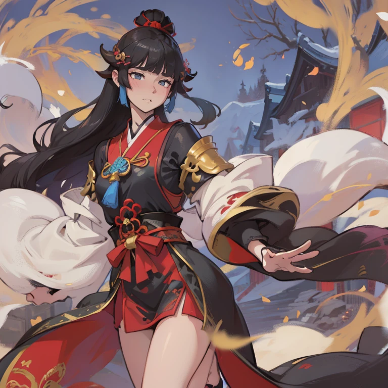 Wearing red and black clothes、Anime girl holding a fan, keqing from Genshin impact, zhongli from Genshin impact, Onmyoji detailed art, author：Yang Jie, g liulian art style, Onmyoji, heise jinyao, ayaka Genshin impact, Genshin, Onmyoji portrait, full body xianxia, bian lian，full body portrait