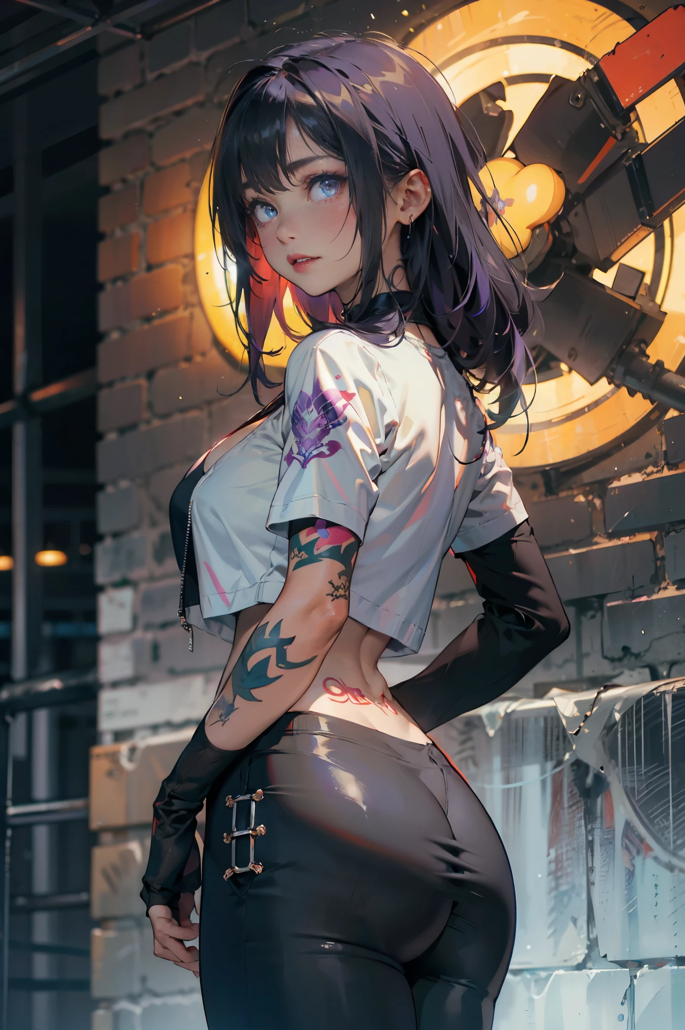 masterpiece, beautiful, 4k, detailed, intricate details, underwear, Thick thighs, wide hips, big breasts, huge breasts, tattoo, tattooed, milf, Gothic, long purple hair, emotional, dark lipstick, blue eyes, collar, dog collar. tattoo sleeve, tattoo arm, Back full of tattoos, tattooed body, leggings, leggings, shirt, tee shirt, graphic t shirt, split, dragon arm sleeves,(((Thoracic beak))),huge cleavage,huge ,Grooves reveal original skin