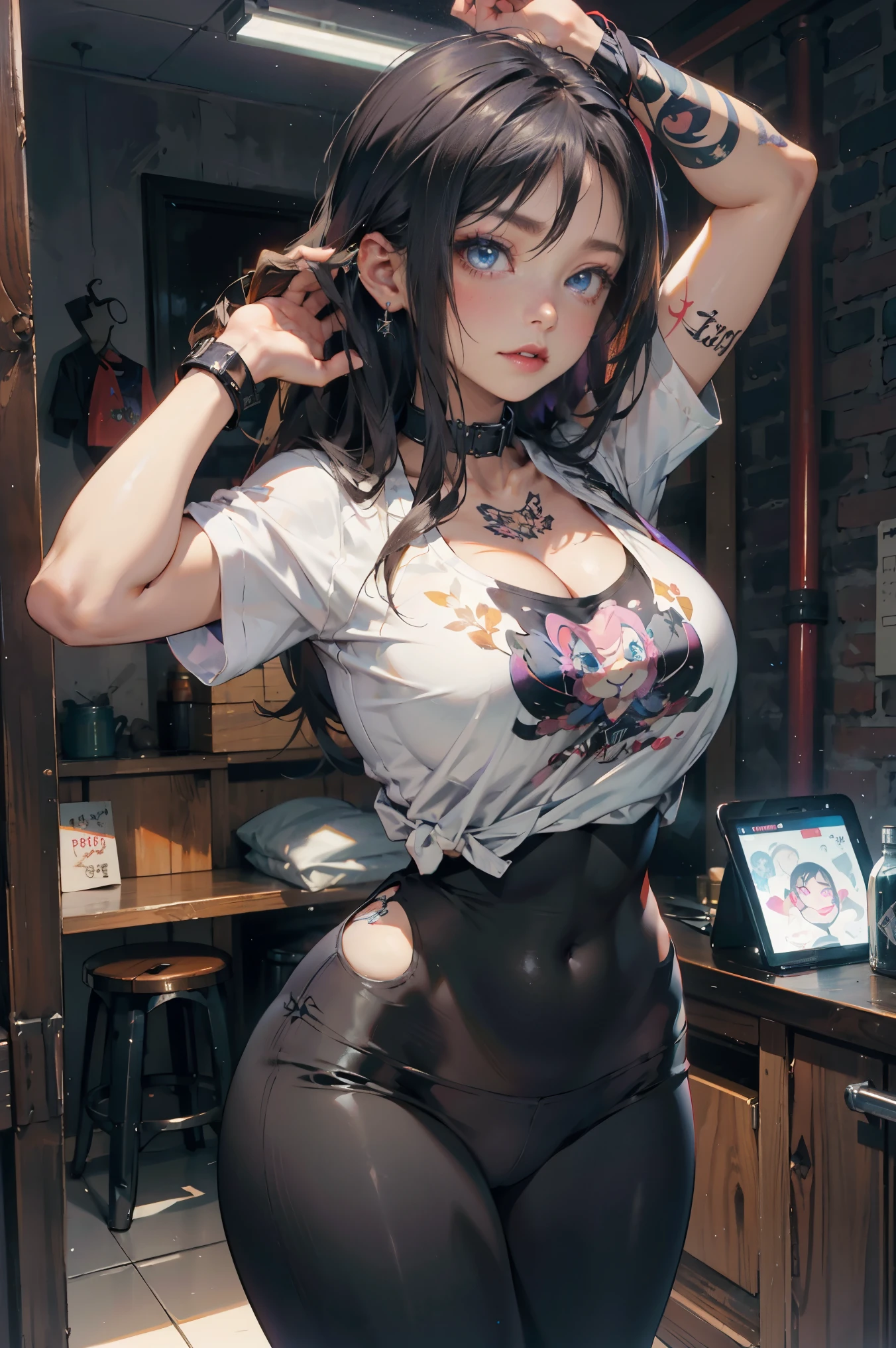 masterpiece, beautiful, 4k, detailed, intricate details, underwear, Thick thighs, wide hips, big breasts, huge breasts, tattoo, tattooed, milf, Gothic, long purple hair, emotional, dark lipstick, blue eyes, collar, dog collar. tattoo sleeve, tattoo arm, Back full of tattoos, tattooed body, leggings, leggings, shirt, tee shirt, graphic t shirt, split, dragon arm sleeves，（（（Thoracic beak）））,huge cleavage，huge ，Grooves reveal original skin