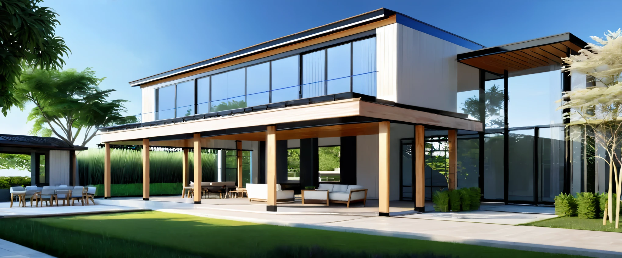 Masterpiece,Nature,Enhance,photorealistic,3d style,photo r3al,Modern pergolas, black column , wooden ceiling; outdoors, sky, day, cloud, tree, blue sky, no humans, window, shadow, grass, building, scenery, door, bench, house,landscape architecture photo, highly detailed linework, detailed line drawing, very detailed design, extremely-detailed, technical drawings, detailed renderings
,garden,Wonder of Art and Beauty,Unique,