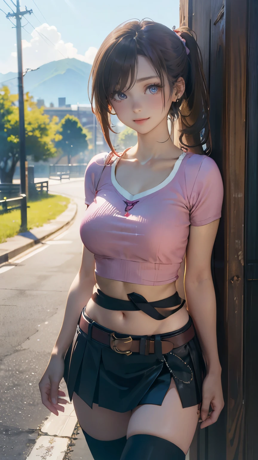 (masterpiece:1.2, top-quality), (realistic, photorealistic:1.4), beautiful illustration, (natural side lighting, movie lighting),
looking at viewer, cowboy shot, 1 girl, japanese, hot girl, perfect face, cute and symmetrical face, shiny skin, babyface,
(middle hair, high ponytail:1.2, light brown hair), hair over one eye, blue eyes, (middle breasts, seductive thighs, big ass), piercings,
beautiful hair, beautiful face, beautiful detailed eyes, beautiful clavicle, beautiful body, beautiful chest, beautiful thigh, beautiful legs, beautiful fingers,
((midriff, asymmetrical legwear, pink shirt, belt, black miniskirt, black thigh-highs)), ,
(beautiful scenery), evening, outdoors, filed, flower, standing, (lovely smile, upper eyes),