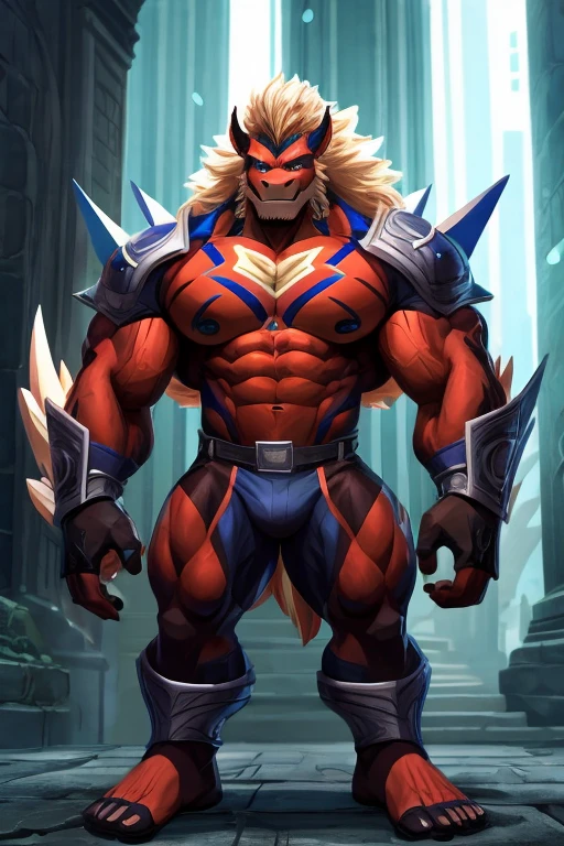 Uma imagem realista da Fera dos X-Men, super gigante, super musculoso, with muscular arms, ombros largos, giant toned physique, olhos azuis, uma cauda, super peludo de pelo azul, pele azul, wearing glasses, usando uma armadura medieval amarelo e preto, com as veias saltando, barefoot, visto de perfil
