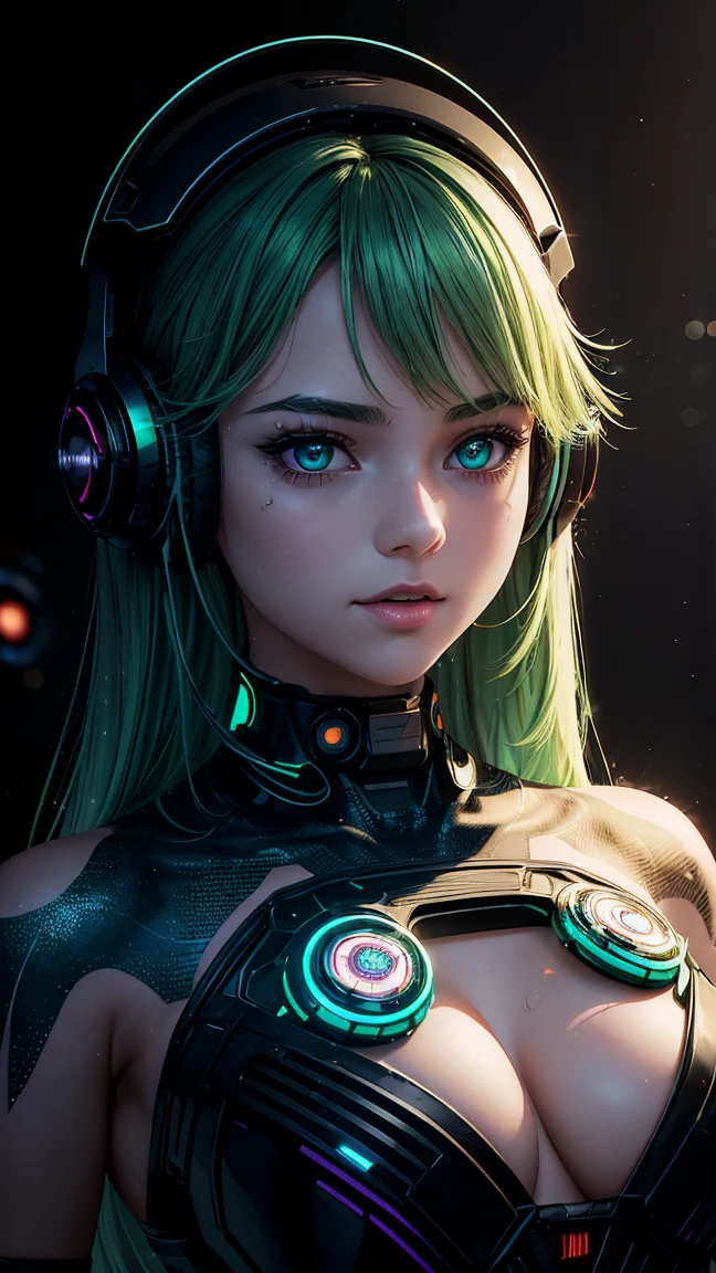 Beautiful android teen, AI teen, solo, adorable cute , mesmerising, expressive face, vr girl, ((green blue golden gradient detailed hair)), cyberpunk futuristic style, ((bright glassy brown eyes)), smoky eyes, pearly illuminated realistic skin, curvy body, medium cleavage, wet glossy reddish full lips, close up, medium shot, half body shot, HDR, Ultra High Definition, highest quality, absurdres, masterpiece, digital world, (black background), glittery, glowing light particles, focus on face, cybernetic head accessories, wireless futuristic head set, microphone,  high detail texture, contrast, wavy vibrant green blue orange colours hair, glowing, bare chest, bare shoulder, deep cleavage, light particle dust, colorful glowing orbs, rimlights, back retro-illuminated, alluring laugh, modern digital metal chocker, full boob, center frame, ((digital identity barcode tattooed on left boob)), juvenile, youthful, young, adorable, cutie, ((10yo)), enchanting laugh, ((totally naked)), big hips