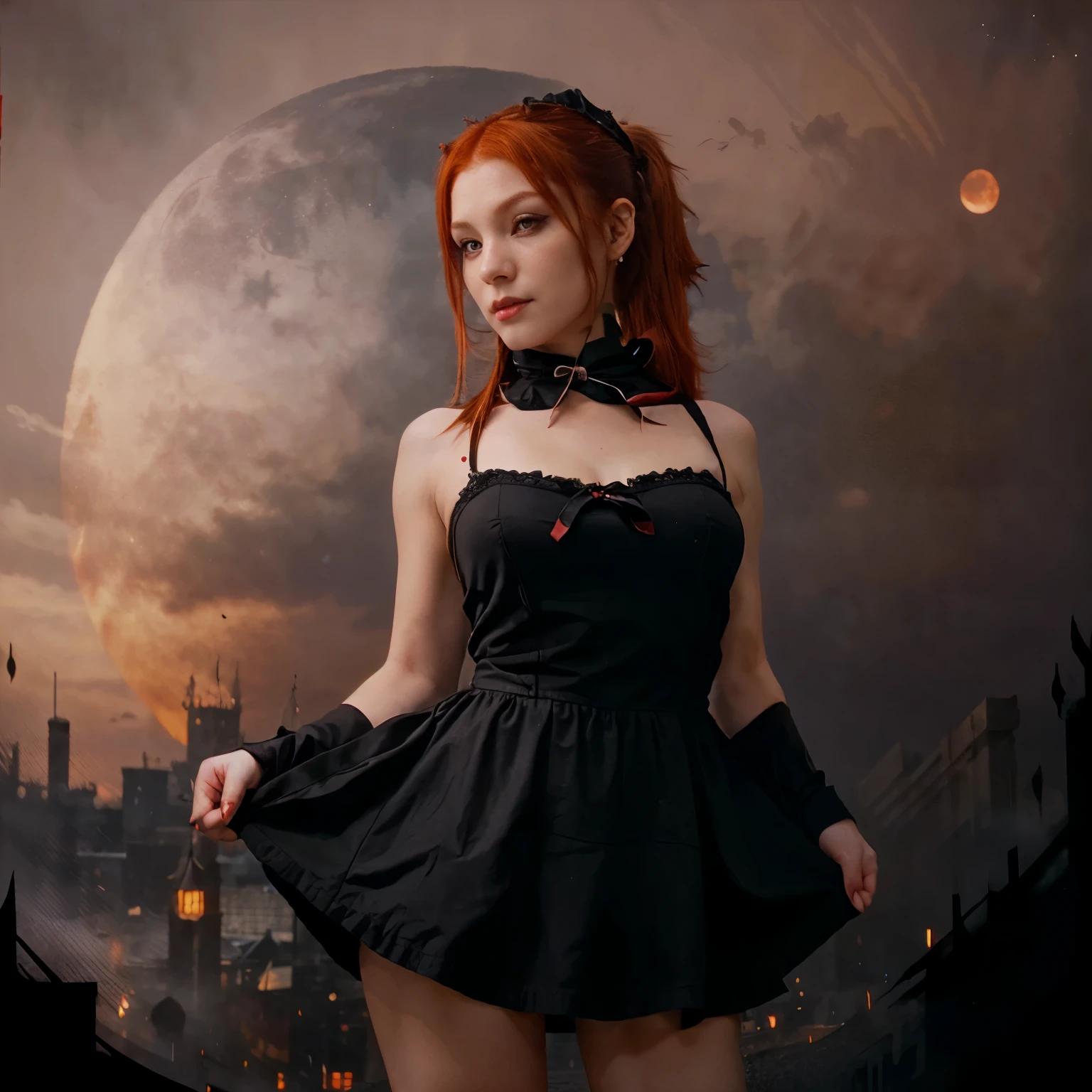 Western Vampire Girl with ponytail red hair, maid costume, under red moon