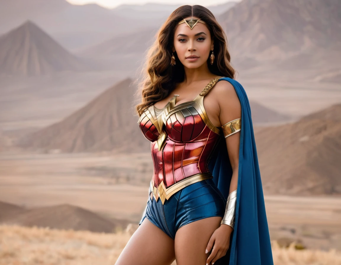 Hay una mujer con un disfraz maravilloso parada junto a la esfinge de Egipto., Lynda Carter as the Lord of Hell, Dressed as Mujer Maravilla, Mujer Maravilla, gal gadot hybrid, Foto de la belleza Lynda Carter, Sexy painting of Beyoncé, Beyoncé as Wonder Woman, Candid photo of Beyoncé, Beyoncé, Portrait of Mujer Maravilla, Cara como Lynda Carter