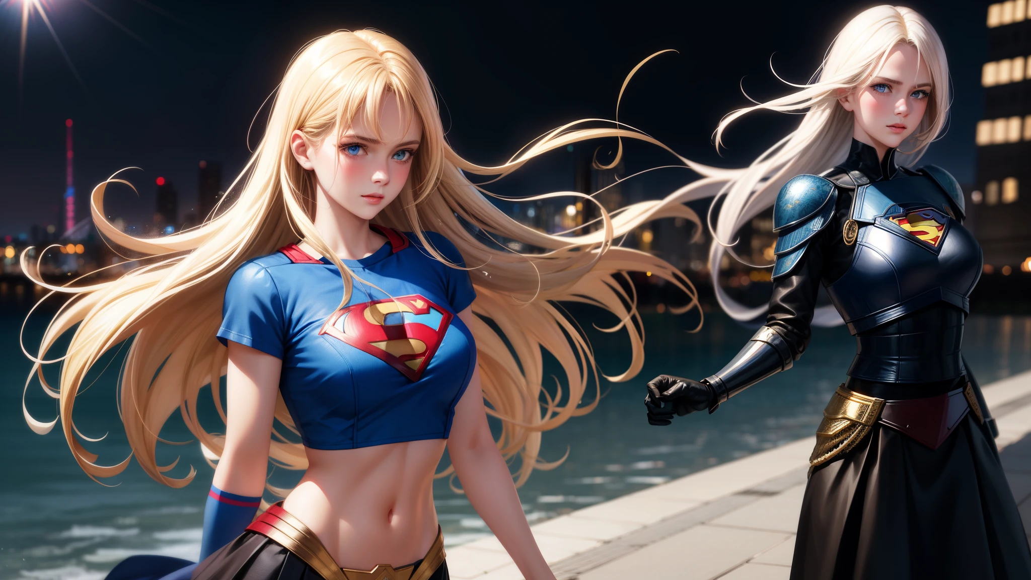 realistic, 1girl, blonde hair, blue eyes, bright blue eyes, cropped top, skirt, lips parted, blush, night, flowers, sun, sunlight, with Superman letter S on his chest. standing, in close