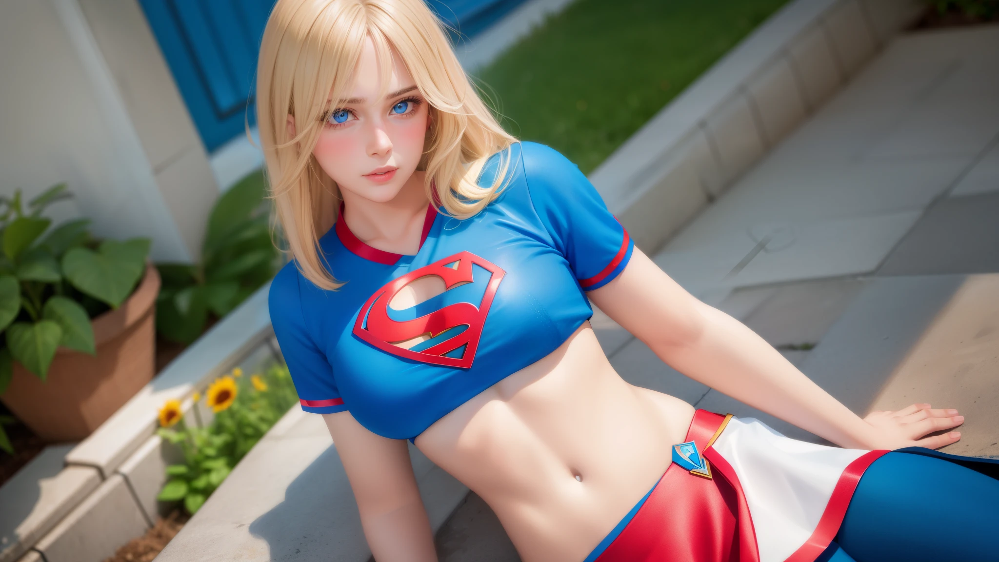 realistic, 1girl, blonde hair, blue eyes, bright blue eyes, cropped top, skirt, lips parted, blush, night, flowers, sun, sunlight, with Superman letter S on his chest. in close