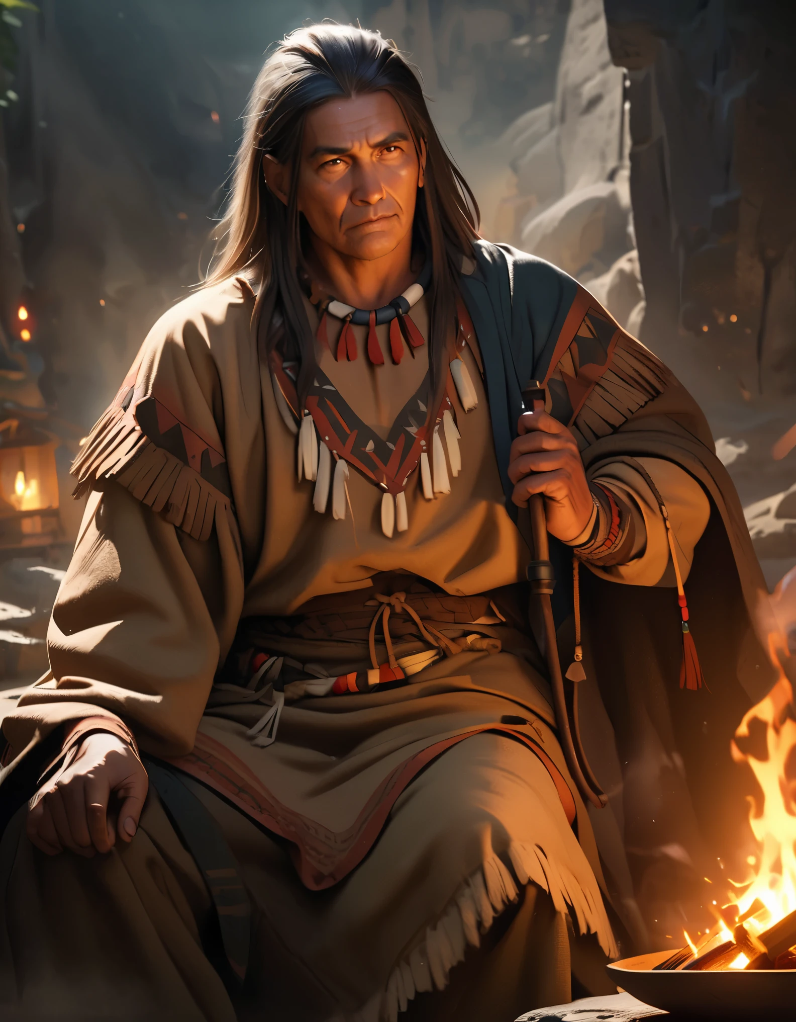 A realistic picture of a full figure from the 18th century, A Native American chief, age about 50 years, Proud, strong, Dressed in a traditional Native American costume, sits by the fire and smokes a long pipe, In the distance you can see rocky mountains that he looks at,, Lights and shadows matched to the surroundings and the figure, Realistic body texture, detailed, immerive background