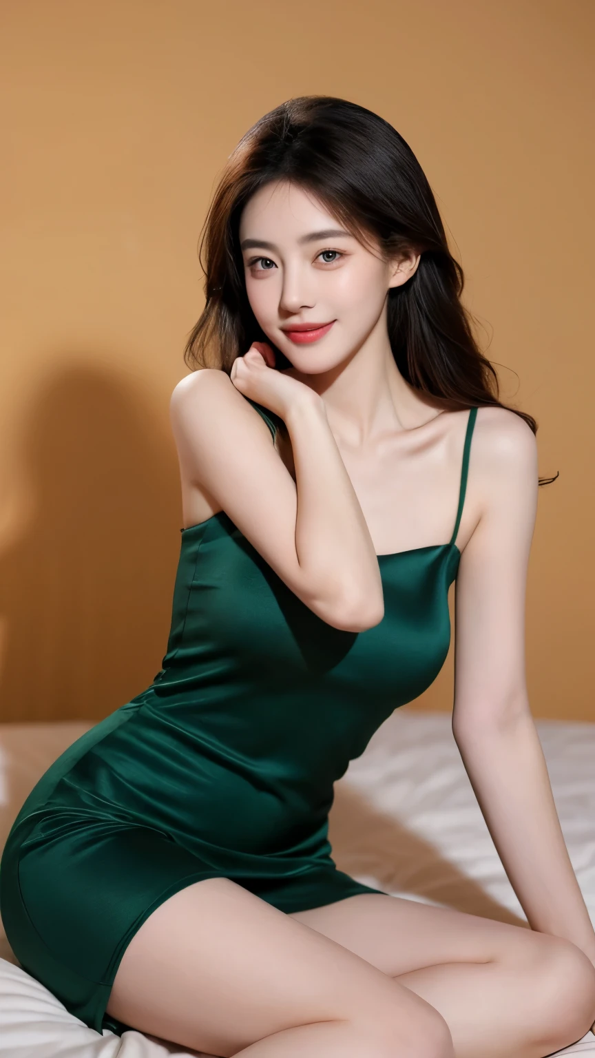 (lifelike,High resolution:1.3), medium shot,Smile,A slim girl, The face shape and eyes are super delicate,black hair,The lips are rosy and shiny,(pretty face), (best quality), (super detailed), (Extremely detailed CG unified 8K wallpaper),Full body photography,green dress,(model photos),big eyes,(eternal),Eyes look at the audience,big breasts:1.6,character-centered,