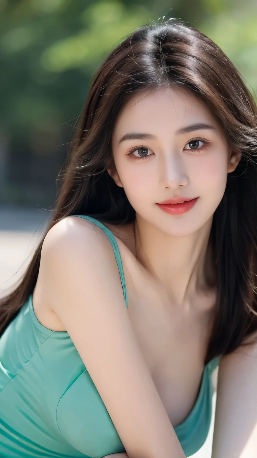 （lifelike,High resolution：1.3）， medium shot，Smile，A slim girl， The face shape and eyes are super delicate,black hair,The lips are rosy and shiny,(pretty face), (best quality), (super detailed), (Extremely detailed CG unified 8K wallpaper),Full body photography，green dress,(model photos),big eyes,(eternal)，Eyes look at the audience，big breasts:1.6,character-centered,