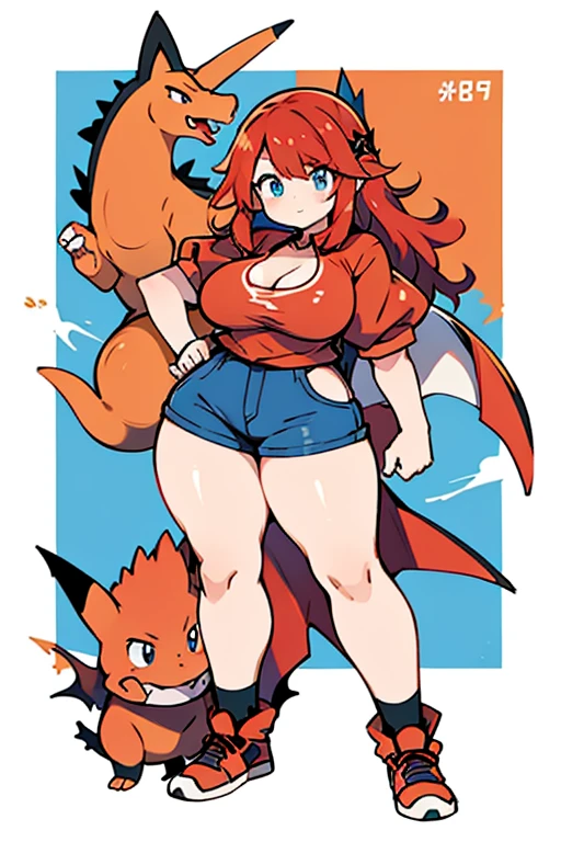 human charizard pokemon; big breasts;full body;Costumes inspired by Charizard Pokemon;blue eyes;Red hair;No background;background white;thick thighs;