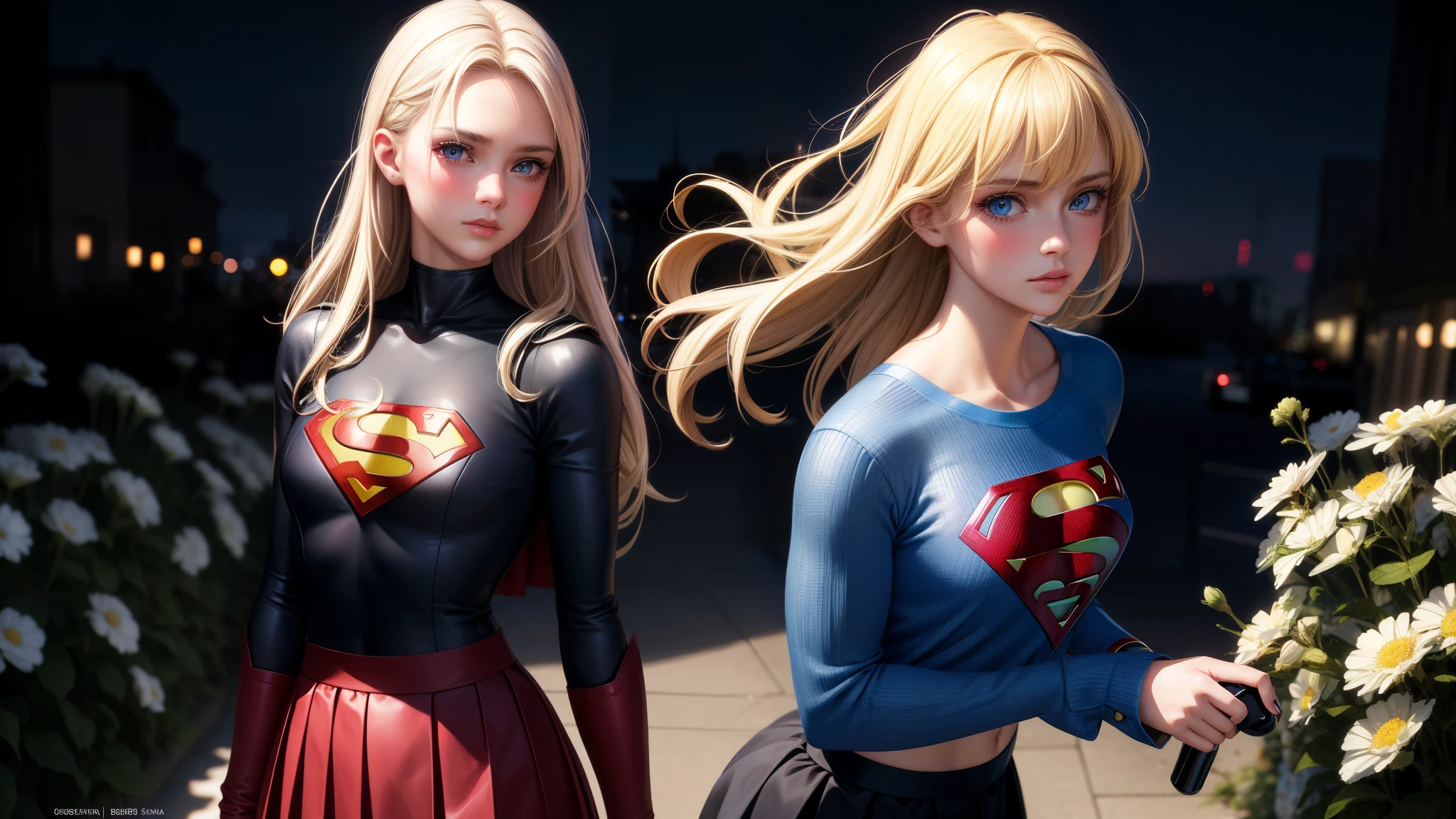 realistic, 1girl, blonde hair, blue eyes, bright blue eyes, cropped top, skirt, lips parted, blush, night, flowers, sun, sunlight, with Superman letter S on his chest. standing, in close