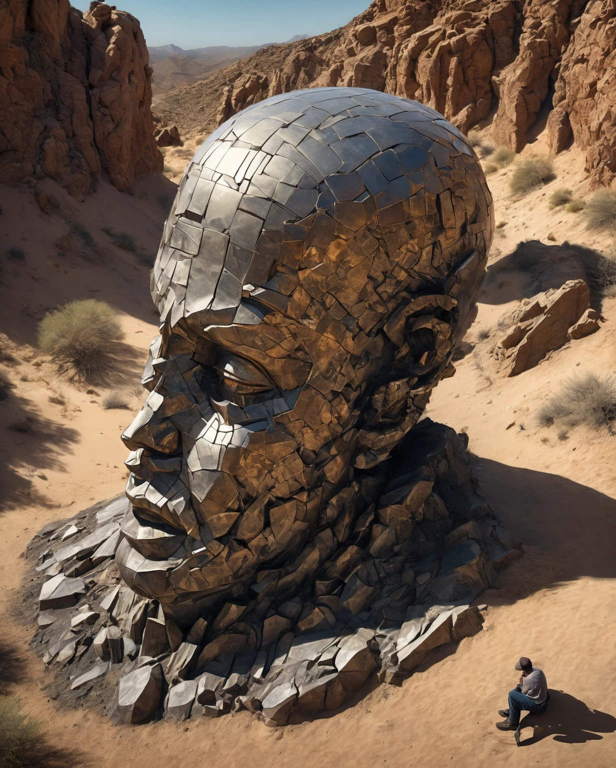 From Above, Bokeh, Ultra HD, Masterpiece, High Detail, High Quality, Award Winning, Best Quality, High Resolution, 16K, (Elevation Angle), Big Dumb Objects, (Handsome Man Huge Sculpture Portrait &#39;s Head Falls Down in the Desert: 1.3), (A Tiny Little Man Is Watching a Sculpture: 1.0), The Great Wilderness, Dense Dentition, Old, Phillip Hodas Artistic Style, The Matte of Human Souls , Realism , BDO artwork by American digital artist Stuart Lippincott, using high tones and shadows to create a dazzling and mysterious light, deep spatial pattern and mysterious atmosphere, creating a sci-fi mechanical god realm, highlighting the insignificance of mankind, and the fear of the unknown, Minimalist Art, Fantasy, Surrealism, using Sharpie painting style, Portrait, Beautifully Detailed