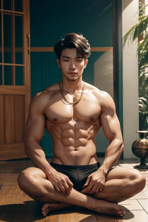God, Thai style, man, shirtless., meditate, handsome, The body is in proportion., Gold jewelry has no bottom.,not wearing clothes,front view,crotch tung,Big target,Long crotch,Wear white underwear that fits your large crotch.