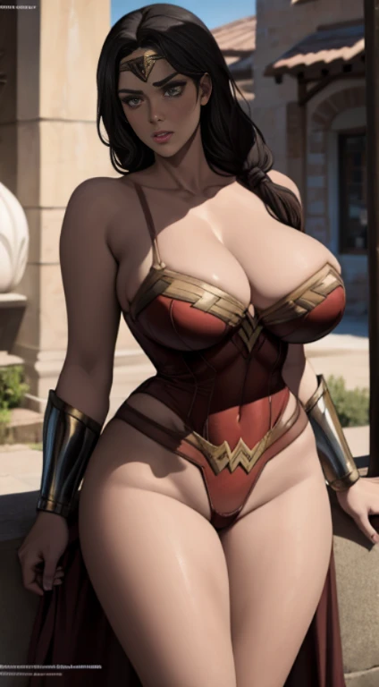 wonder woman costume, huge breasts, big sized breast, cleavage, MILF, thigh legs, Long black hair, hair over shoulder,  brown eyes, perfect curvy shaped body, wonder woman costume, ultra realistic squinting sexy eyes ,  massive sized breast, standing, thigh legs, brown colour eyes, ultra realistic detailed shiny brown eyes, beautiful and perfect face, sunlight and garden background, black hair, bright brown colour eyes, wonder woman costume,