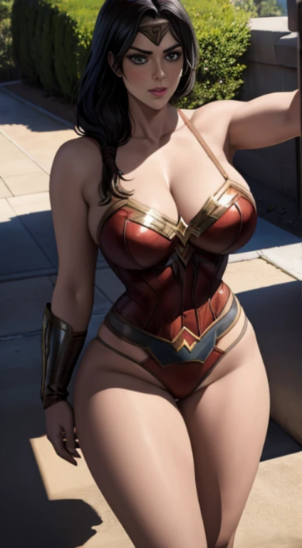 wonder woman costume, huge breasts, big sized breast, cleavage, MILF, thigh legs, Long black hair, hair over shoulder,  brown eyes, perfect curvy shaped body, wonder woman costume, ultra realistic squinting sexy eyes ,  massive sized breast, standing, thigh legs, brown colour eyes, ultra realistic detailed shiny brown eyes, beautiful and perfect face, sunlight and garden background, black hair, bright brown colour eyes, wonder woman costume,