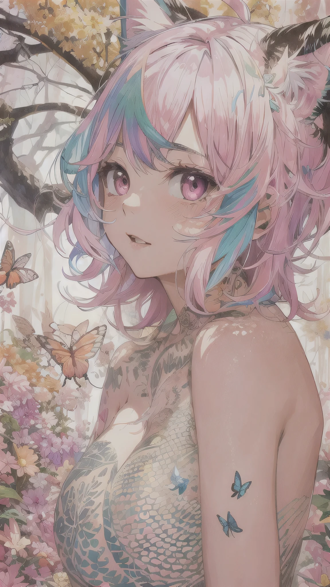 Completely naked　super highest quality, High resolution, 1 girl, Decorate your hair with butterflies, pink eyes, Rainbow colored hair, Pretty short hair, parted bangs,, outside the house, erotica, pretty big breasts,Full body tattoos　Cat ear　Plump　Completely naked