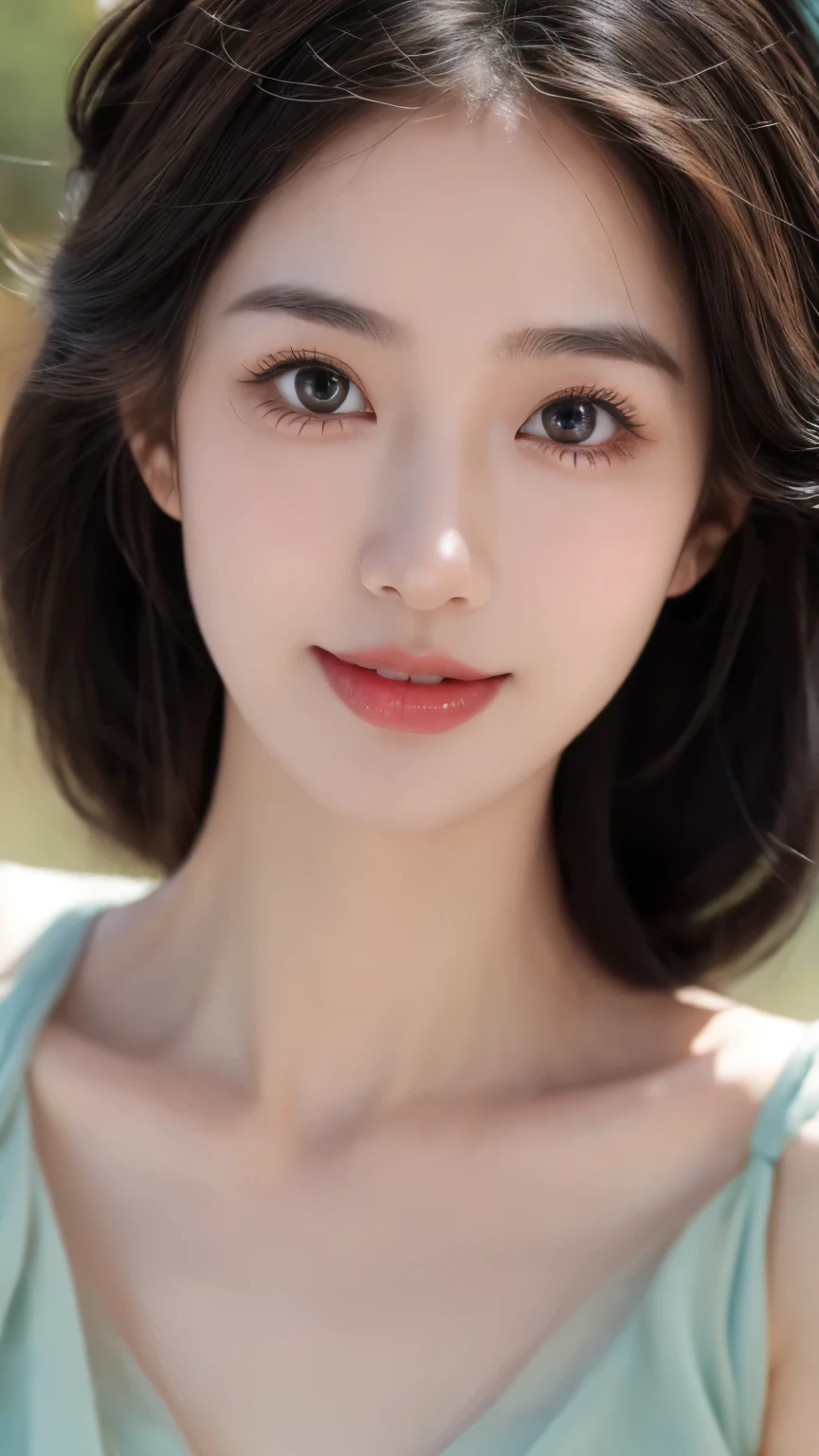 (lifelike,High resolution:1.3), medium shot,Smile,A slim girl, The face shape and eyes are super delicate,black hair,The lips are rosy and shiny,(pretty face), (best quality), (super detailed), (Extremely detailed CG unified 8K wallpaper),Full body photography,green dress,(model photos),big eyes,(eternal),Eyes look at the audience,big breasts:1.6,character-centered,