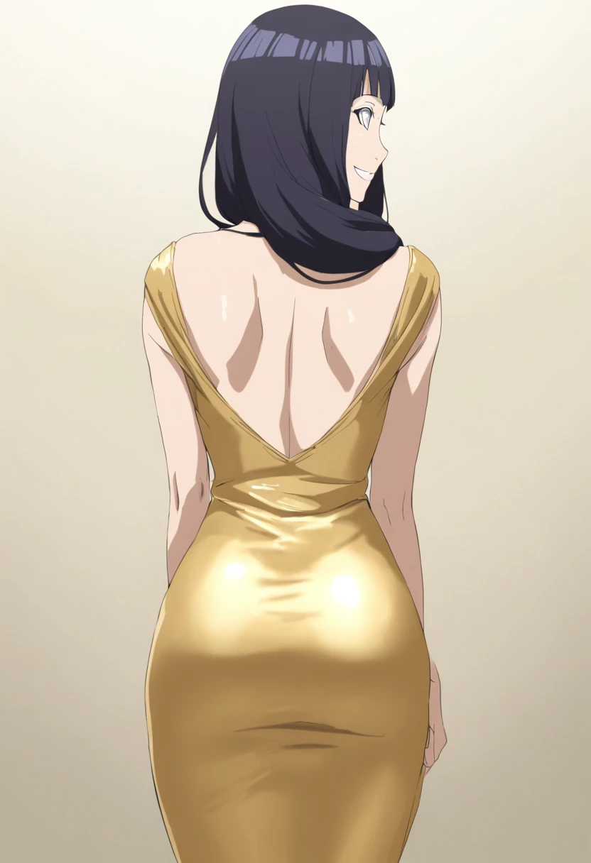 Hinata hyuga wearing golden tight satin silk dress seen from behind, smiling