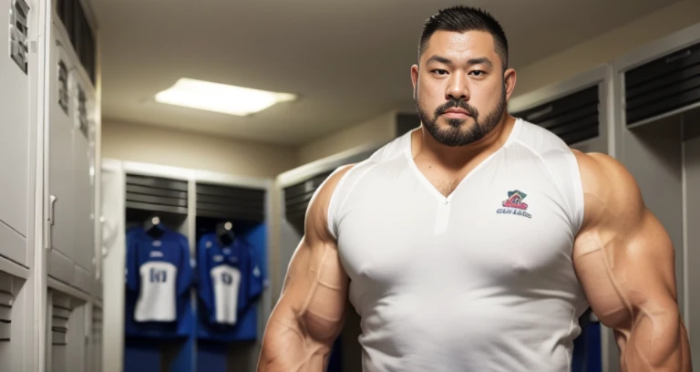 (glaring:1.4), (rugby uniform:1.2), (at club locker room:1.4), Japanese man, Chinese man, Korean man, Taiwanese man, manly face, fat face, (round face:1.4), (monolid eyes:1.2), (buzz cut:1.4), very large and strong body, bulky body, beefy muscles, (bulging muscles:1.4), (very large pectoral muscles:1.4), (muscular arms:1.4), muscular abs, muscular legs, muscular back, brightens oily skin, master piece, (realistic:1.4), panorama, distant view