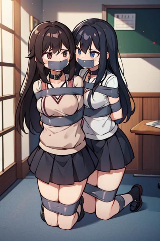 the best,perfect,masterpiece,((Two girls leaning together)),((collar)),((classroom)),((Full body picture kneeling)),long black hair,short skirt,black stockings,(((The tape tightly bound the arms behind the back, legs close together and tightly bound and gagged a girl))),shy,shiver,sweat