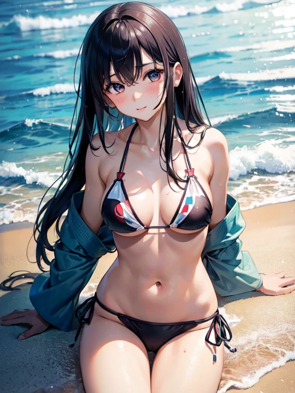 masterpiece , best quality , ultra detailed , beautiful Japan tiny bikini age girl , breast:1.2 , only bikini , summer , long black hair , in beach , pov