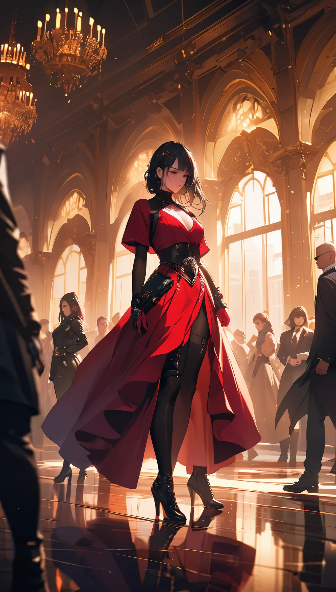 A realistic cinematic picture where Elektra from the Marvel universe is in the Cyberpunk 2077 universe. She is dressed in a elegant black and red dress and has a mask on her face. She is at a ball, where she is supposed to complete a mission. She has a hidden weapon with her. The picture shows how she blends in with the crowd, using her charm and skills. On her body, there are a few small cybernetic implants. They are not many, but they are nicely fitted to her body and face, reflecting the light from the chandeliers, and from a distance they look like jewelry. In the background, there are rich and powerful people, who are unaware of her true intentions. The picture is suspenseful and captivating. It shows the whole silhouette of the character in a contrast with the environment.