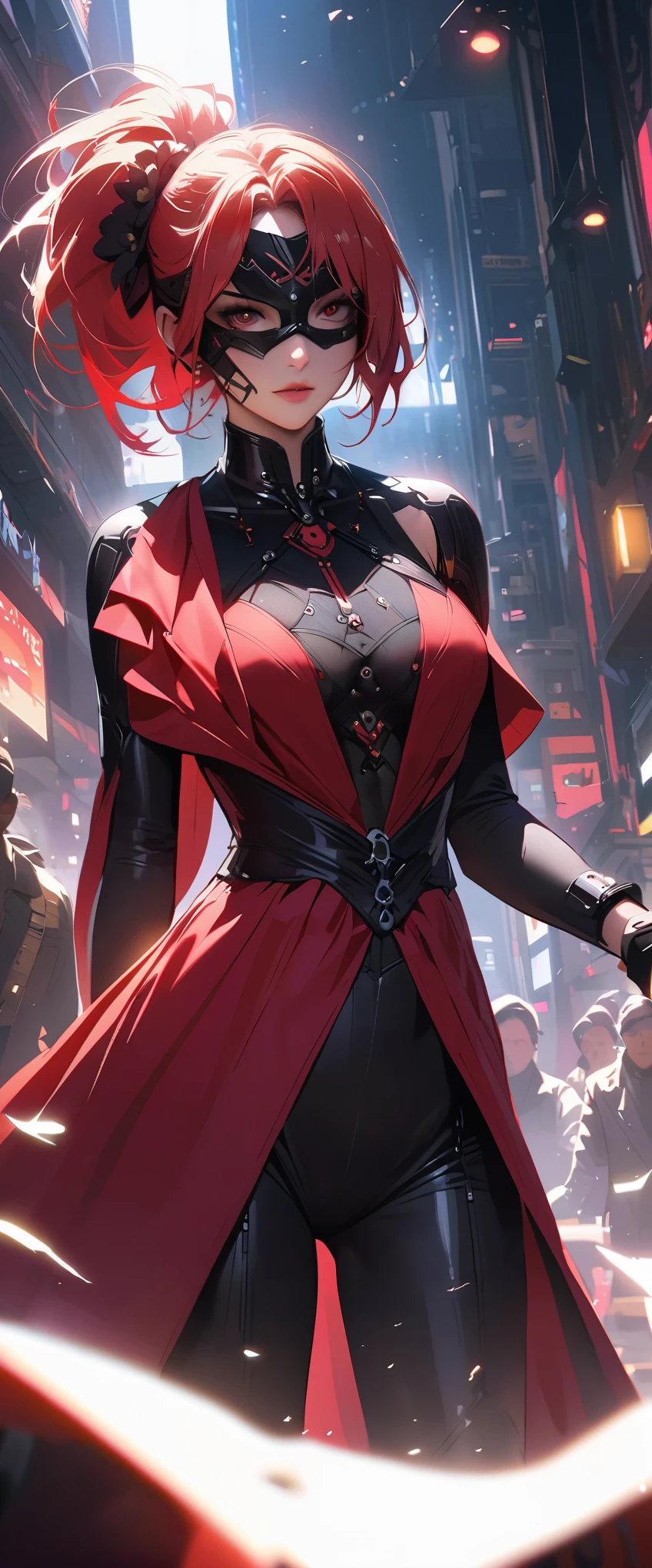 A realistic cinematic picture where Elektra from the Marvel universe is in the Cyberpunk 2077 universe. She is dressed in a elegant black and red dress and has a mask on her face. She is at a ball, where she is supposed to complete a mission. She has a hidden weapon with her. The picture shows how she blends in with the crowd, using her charm and skills. On her body, there are a few small cybernetic implants. They are not many, but they are nicely fitted to her body and face, reflecting the light from the chandeliers, and from a distance they look like jewelry. In the background, there are rich and powerful people, who are unaware of her true intentions. The picture is suspenseful and captivating. It shows the whole silhouette of the character in a contrast with the environment.