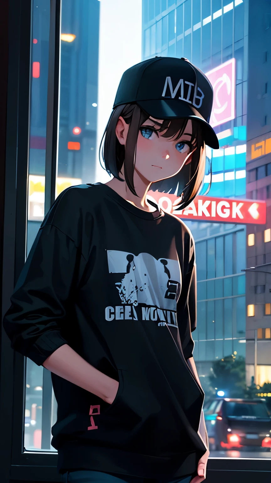 (best quality,4k,8k,highres,masterpiece:1.2),ultra-detailed,(realistic,photorealistic,photo-realistic:1.37),a girl leaning against the window,short bob with a baseball cap,black and white striped baseball shirt,brown hair color,a bustling city at night outside the window,30 years old,girl in her 30s,illustration,sharp focus,professional,vivid colors,concept artists,nighttime cityscape,window reflection,starry sky,city lights,urban atmosphere,window sill,high-rise buildings,street traffic,bustling metropolis,people walking on the streets,illuminated signs,neon lights,skyscrapers,urban life,reflection in the window glass,sophisticated facial features,pensive expression,subtle smile,painted style,graffiti-inspired artwork,contrast lighting,playful atmosphere