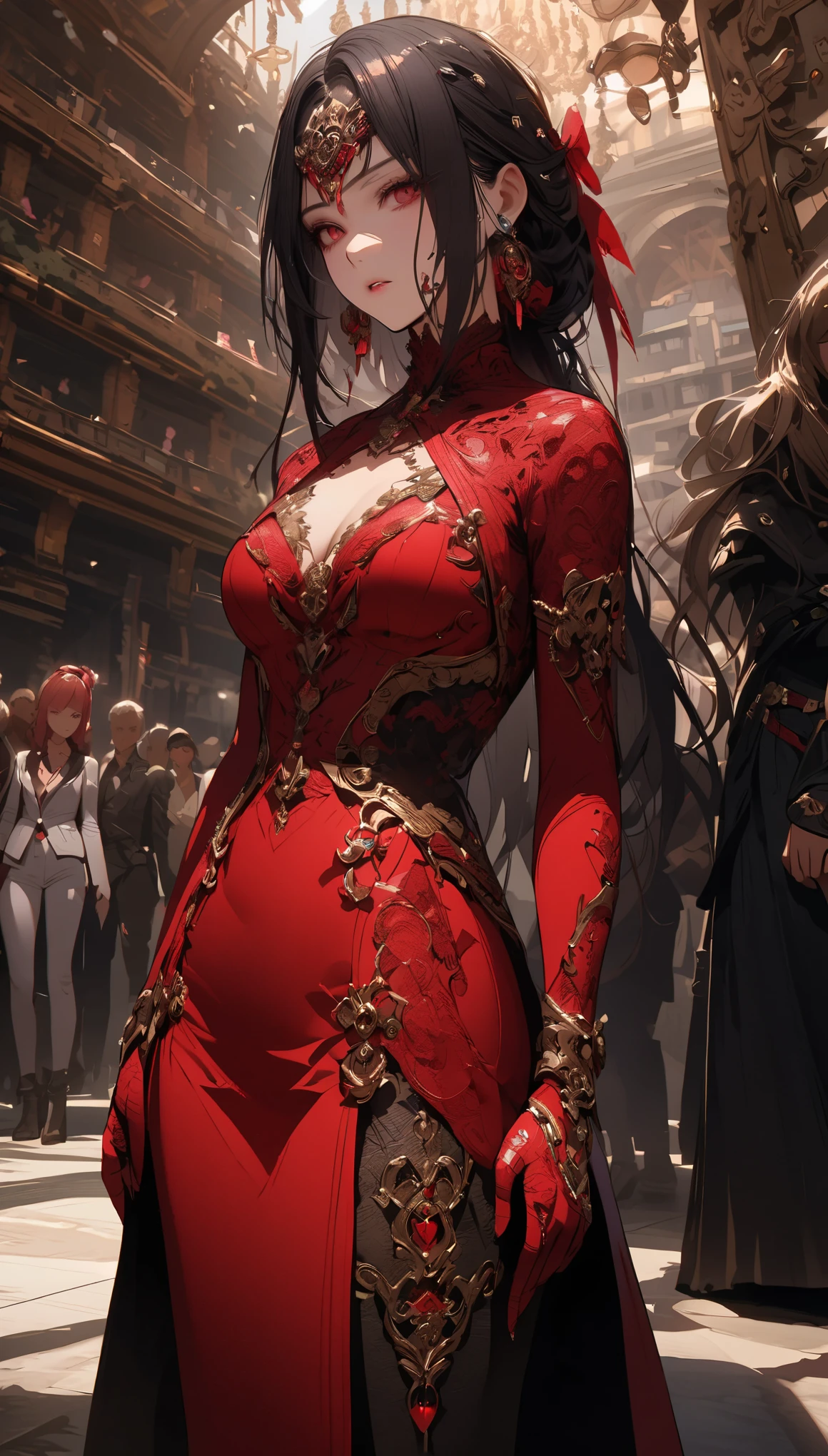 A realistic cinematic picture where Elektra from the Marvel universe is in the Cyberpunk 2077 universe. She is dressed in a elegant black and red dress and has a mask on her face. She is at a ball, where she is supposed to complete a mission. She has a hidden weapon with her. The picture shows how she blends in with the crowd, using her charm and skills. On her body, there are a few small cybernetic implants. They are not many, but they are nicely fitted to her body and face, reflecting the light from the chandeliers, and from a distance they look like jewelry. In the background, there are rich and powerful people, who are unaware of her true intentions. The picture is suspenseful and captivating. It shows the whole silhouette of the character in a contrast with the environment.