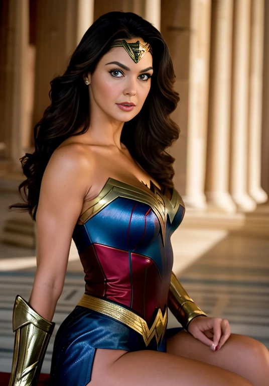 There is a woman in a wonderful costume sitting in the Parthenon in Greece, Lynda Carter as the Lord of Hell, Vestida como Mujer Maravilla, Mujer Maravilla, gal gadot hybrid, Foto de la belleza Lynda Carter , y painting by Beyoncé , Beyoncé as Wonder Woman, Candid photo of Beyoncé , Beyoncé , Retrato de Wonder Woman, Cara como Lynda Carter